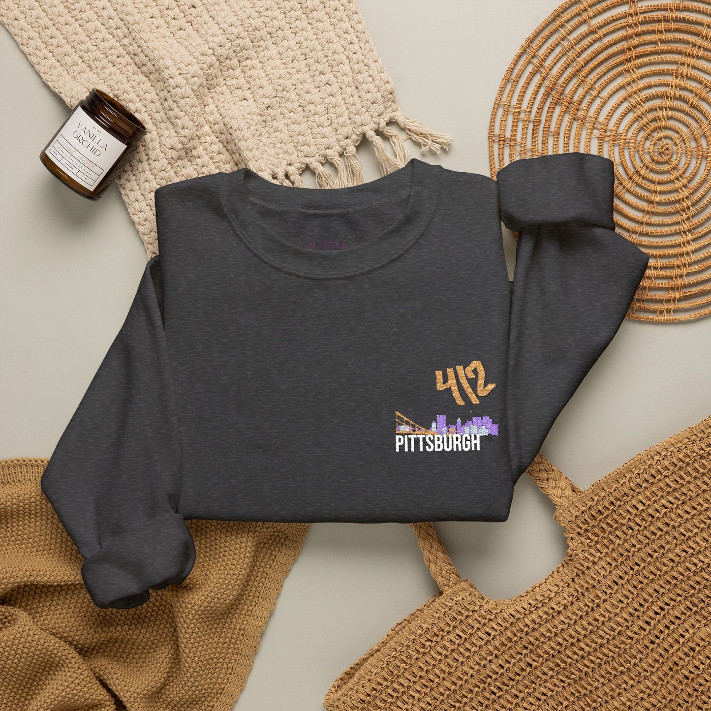 412 Embroidered Pittsburgh Skyline Crewneck Sweatshirt