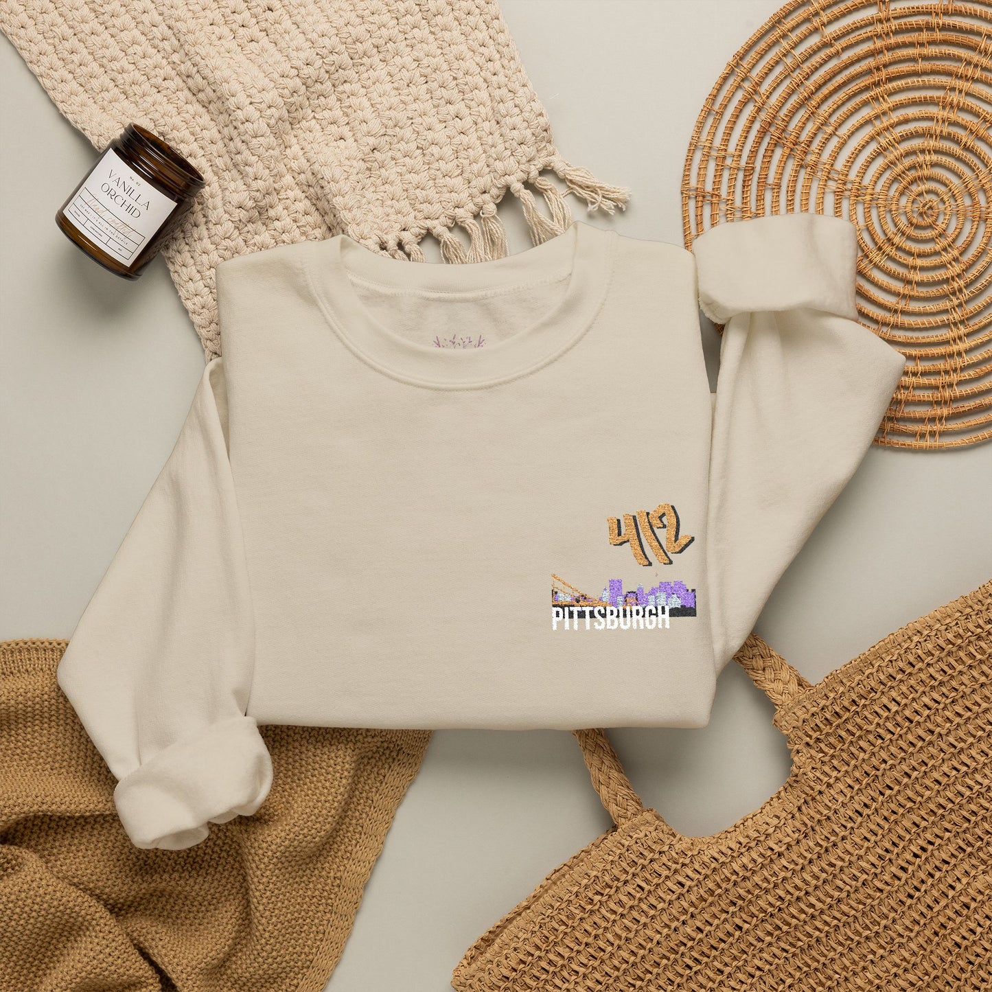 412 Embroidered Pittsburgh Skyline Crewneck Sweatshirt