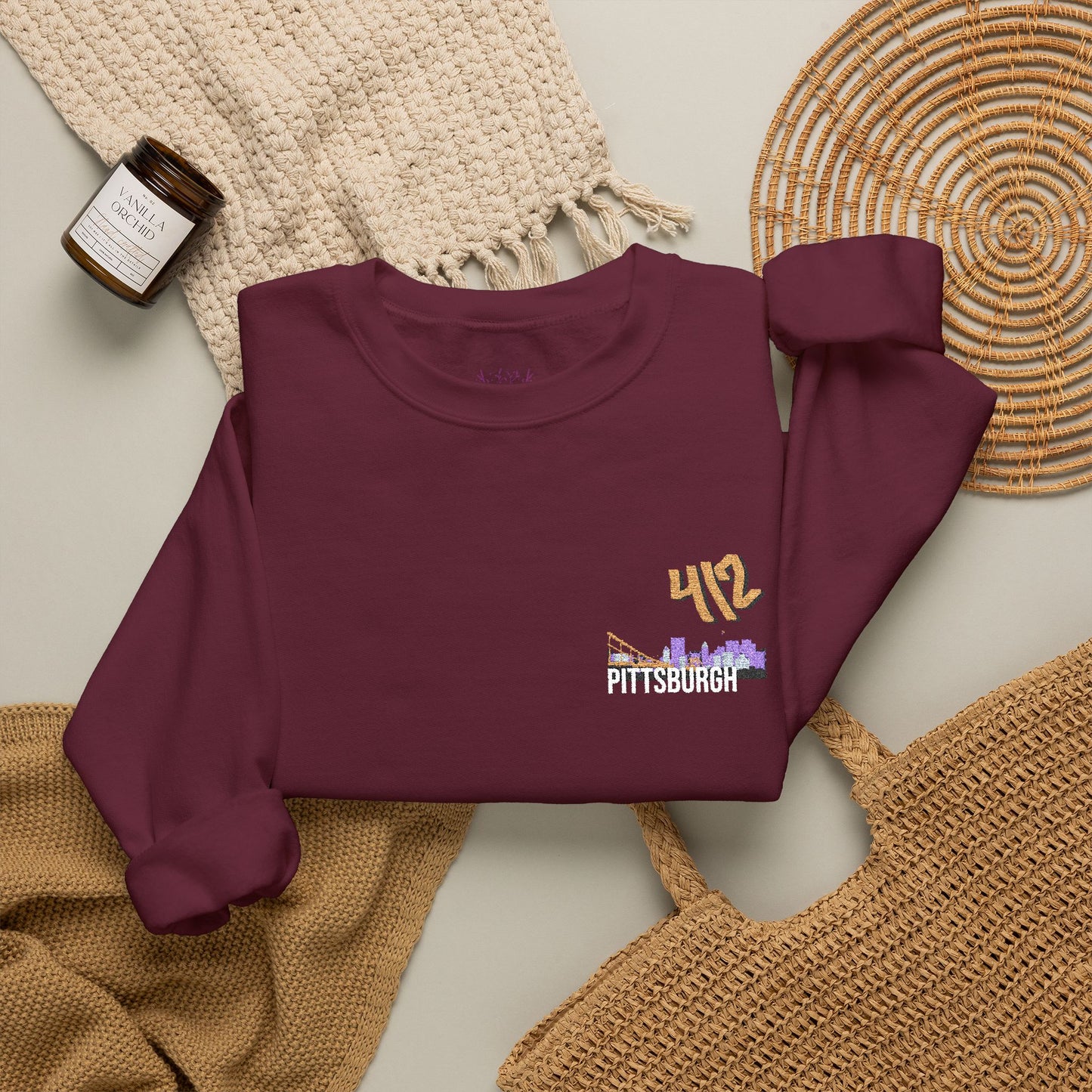 412 Embroidered Pittsburgh Skyline Crewneck Sweatshirt
