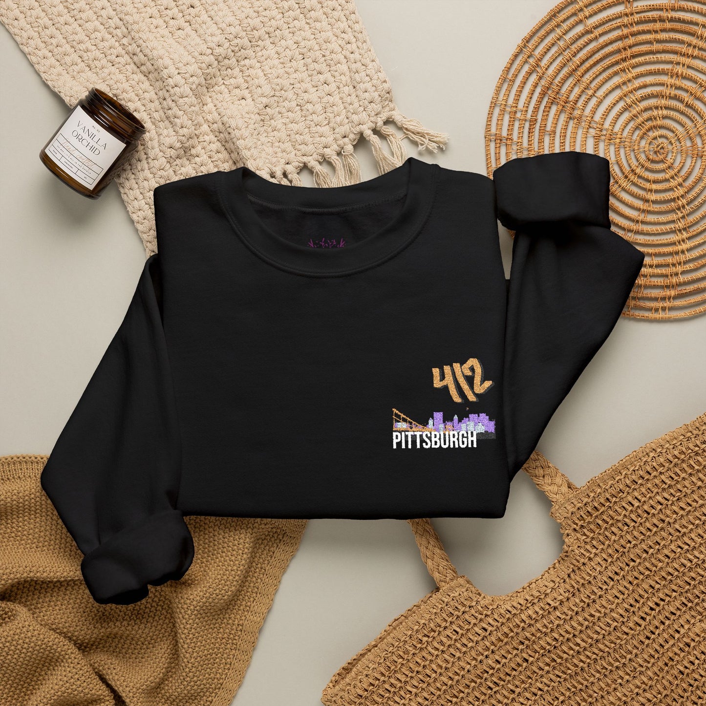 412 Embroidered Pittsburgh Skyline Crewneck Sweatshirt