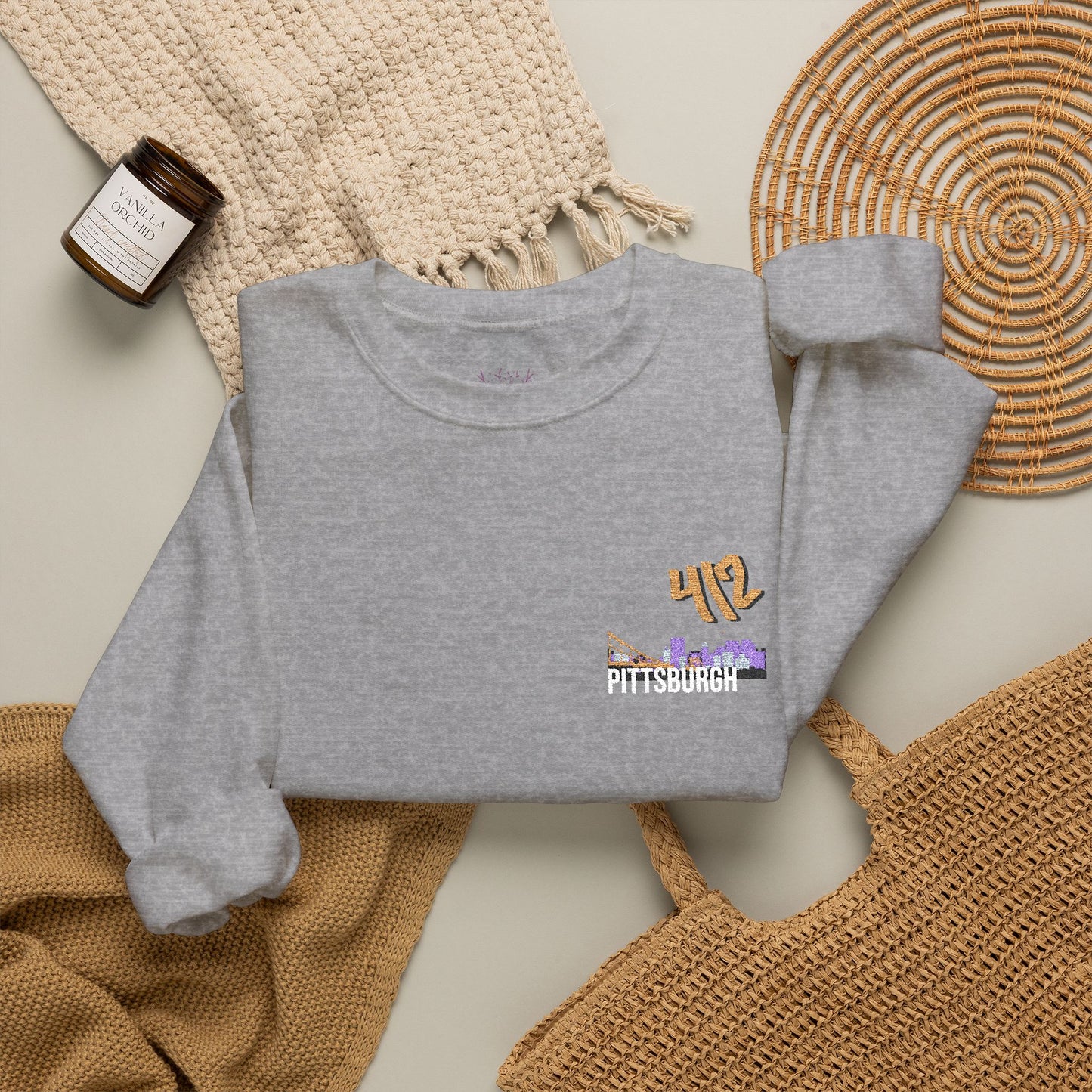 412 Embroidered Pittsburgh Skyline Crewneck Sweatshirt