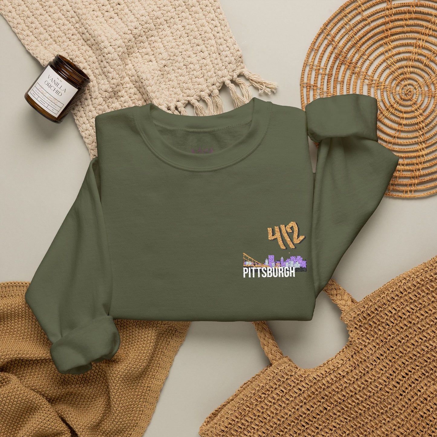 412 Embroidered Pittsburgh Skyline Crewneck Sweatshirt