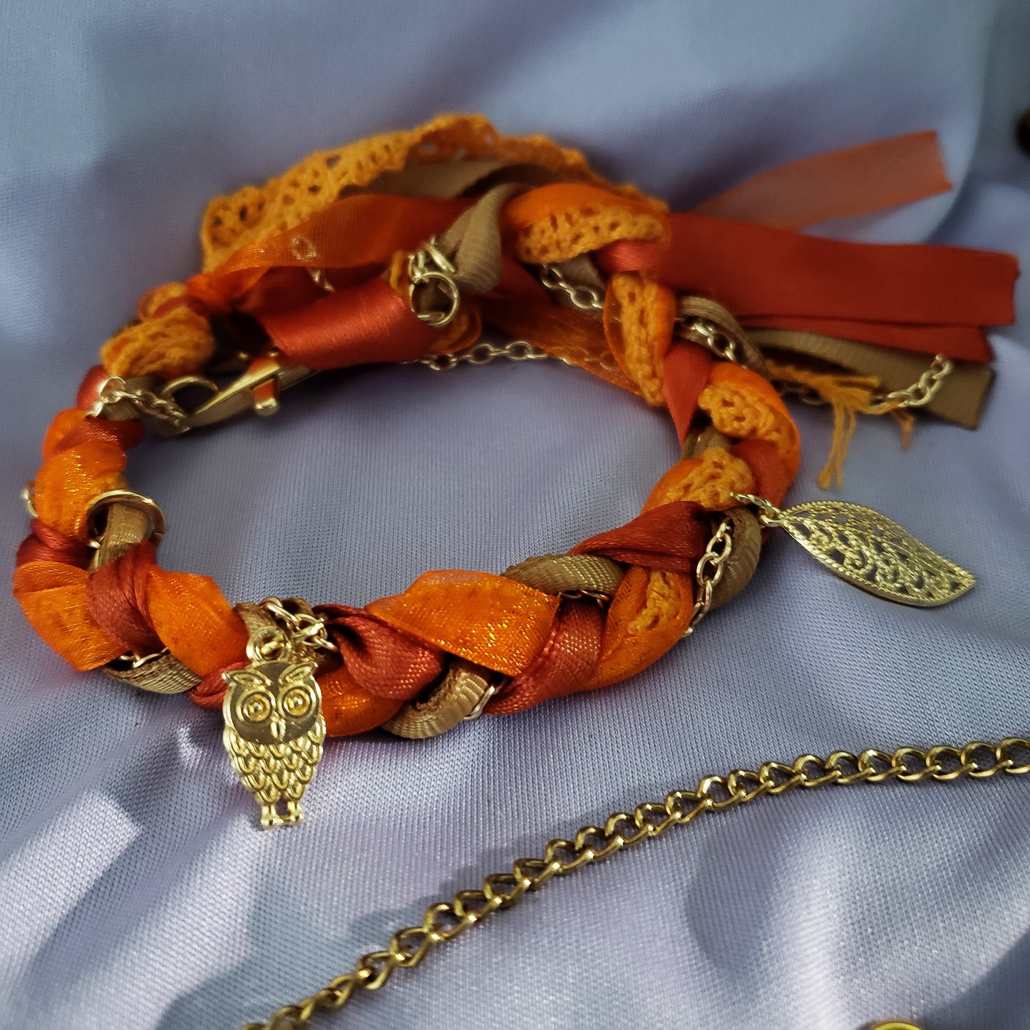 Gold Chain and Braided Ribbon Keychain Bracelet